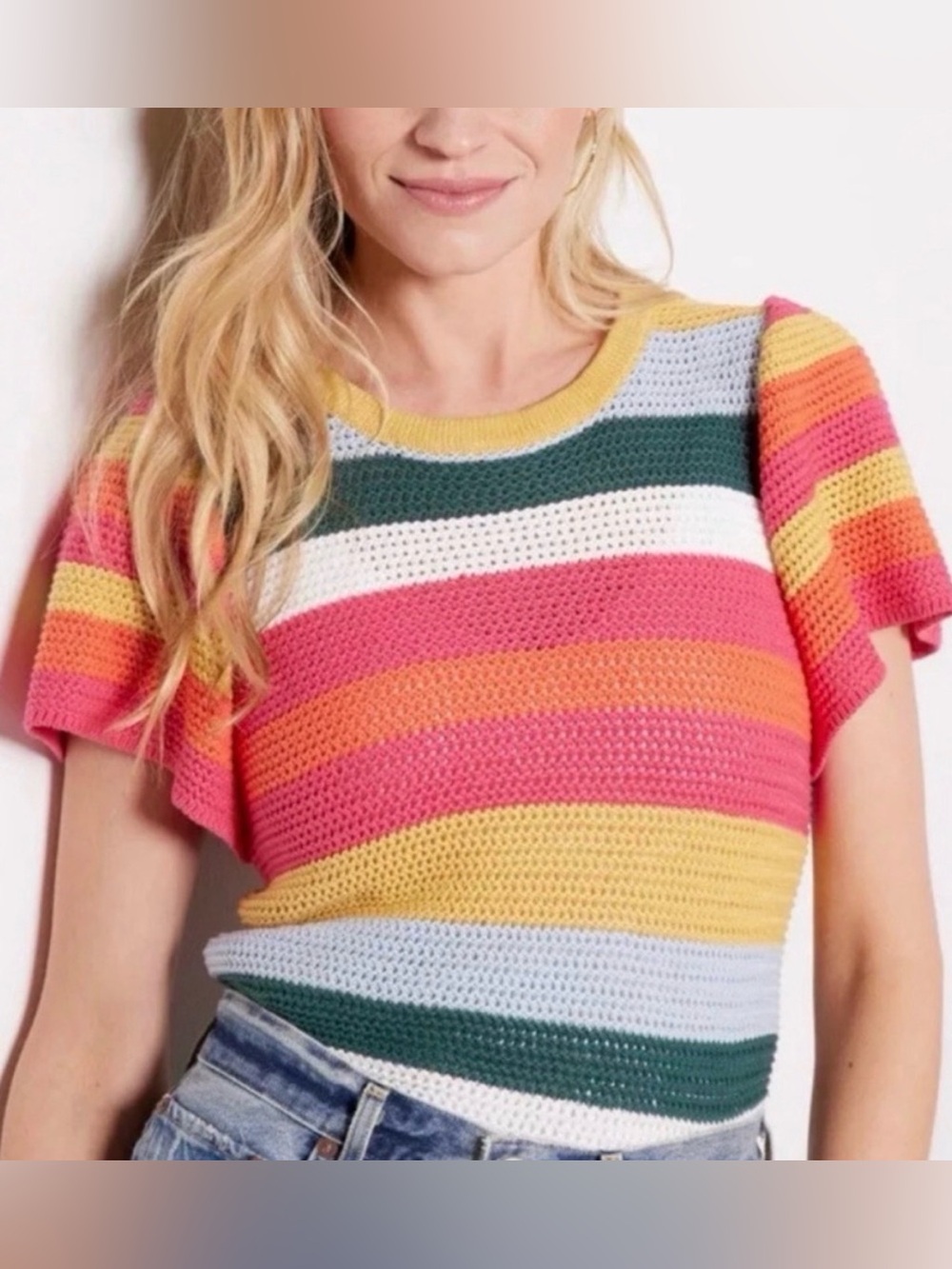 Evereve Haven Rainbow Striped Open-Knit Crochet Flutter Sleeve Sweater Size S